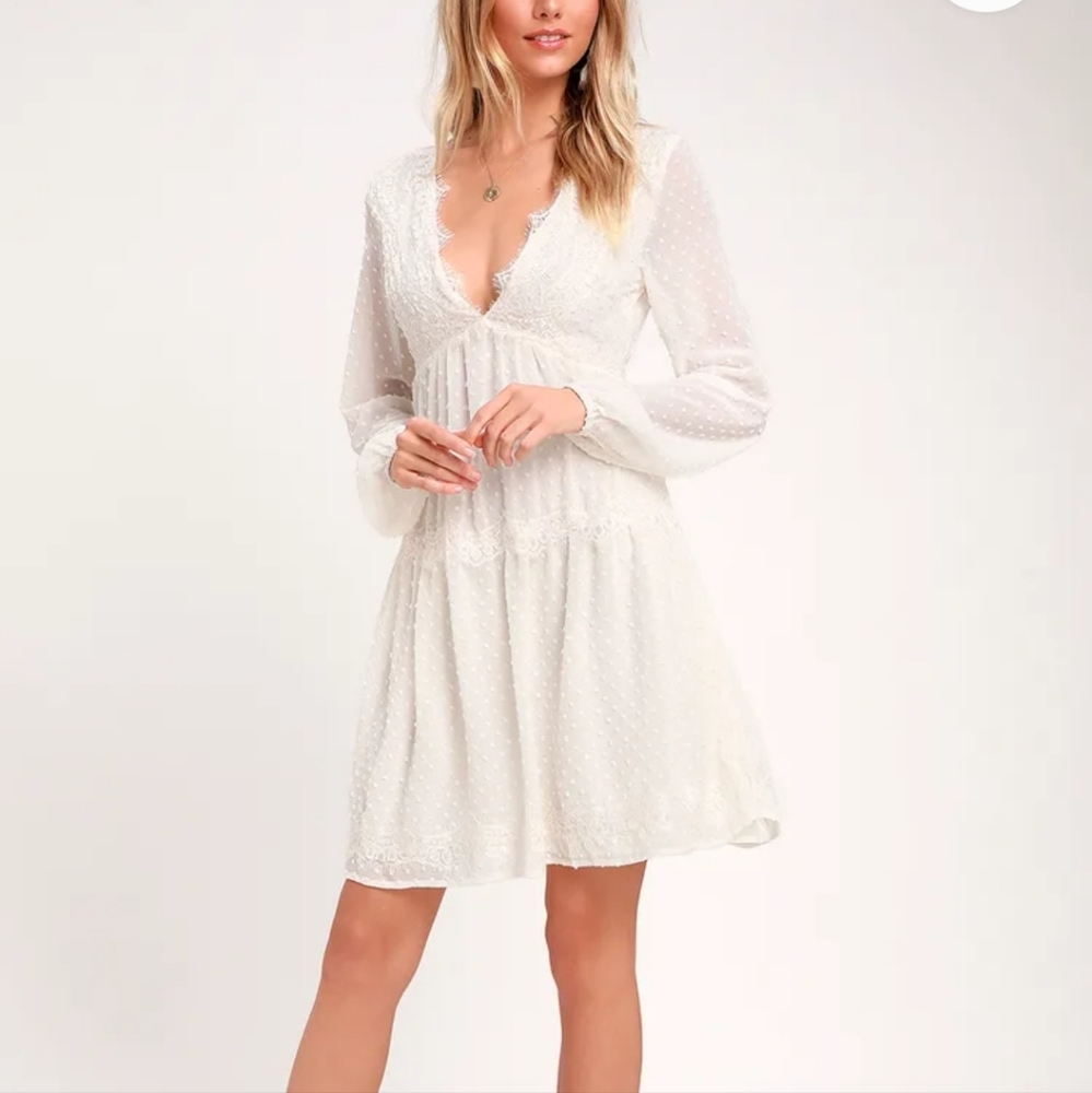 NWT.  Lulus  Wistful Moment Off White Swiss Dot Long Sleeve Dress